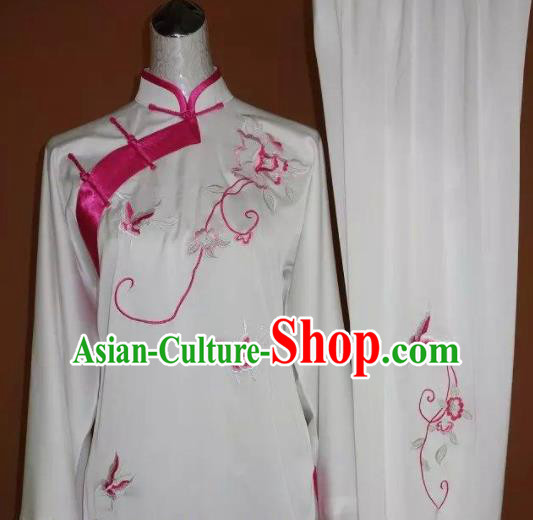 Chinese Tai Chi Embroidered Pink Butterfly Peony Garment Outfits Traditional Kung Fu Martial Arts Training Costumes for Women