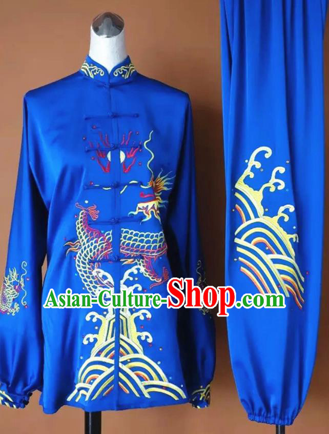 Chinese Martial Arts Changquan Embroidered Royalblue Silk Garment Outfits Traditional Tai Chi Kung Fu Costumes for Adult