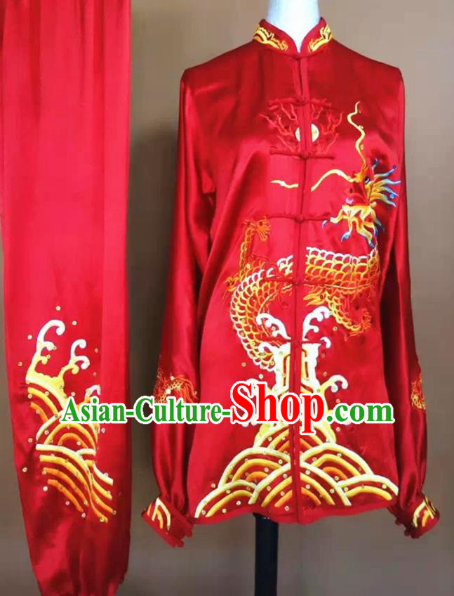 Chinese Martial Arts Changquan Embroidered Red Silk Garment Outfits Traditional Tai Chi Kung Fu Costumes for Adult