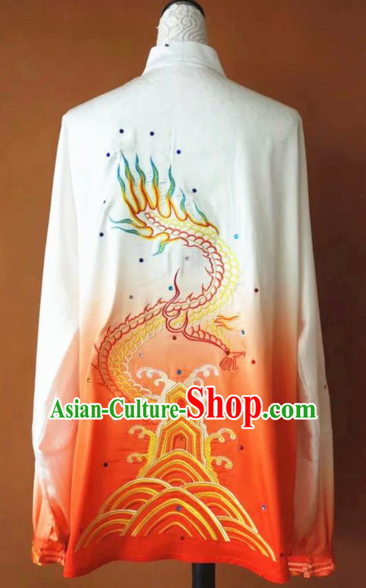 Chinese Martial Arts Changquan Embroidered Orange Silk Garment Outfits Traditional Tai Chi Kung Fu Costumes for Adult