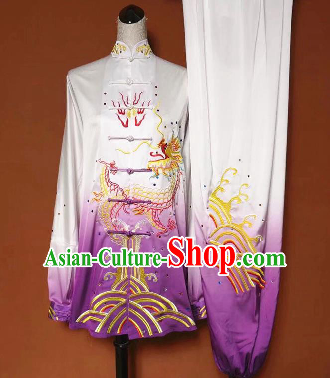 Chinese Martial Arts Changquan Embroidered Purple Silk Garment Outfits Traditional Tai Chi Kung Fu Costumes for Adult