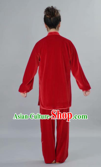 Chinese Tai Chi Red Velvet Garment Outfits Traditional Kung Fu Martial Arts Training Costumes for Adult