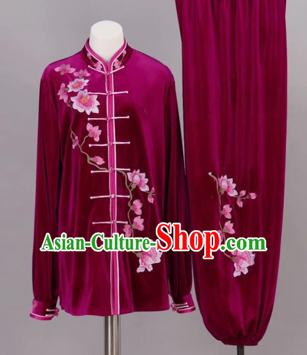 Chinese Tai Chi Embroidered Magnolia Rosy Velvet Garment Outfits Traditional Kung Fu Martial Arts Training Costumes for Adult
