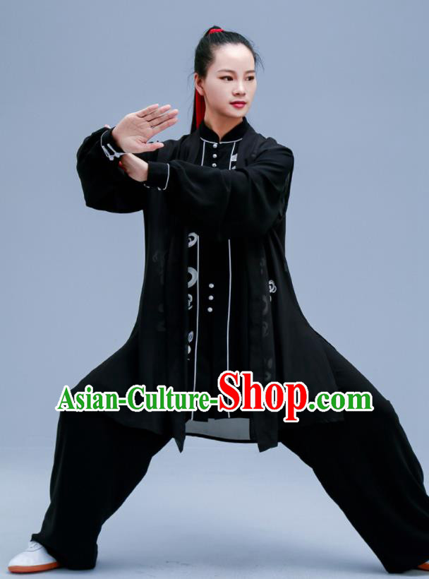Chinese Traditional Kung Fu Black Chiffon Outfit Martial Arts Competition Costumes for Women