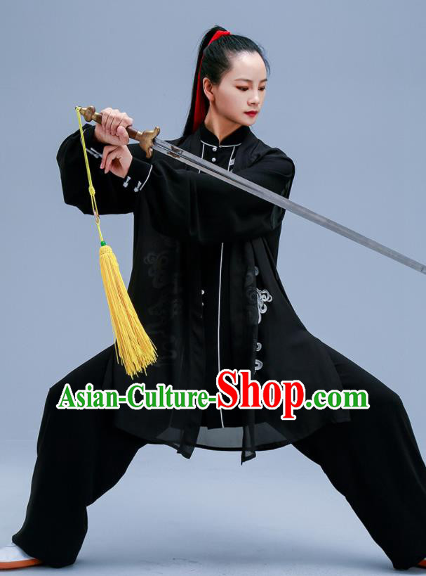Chinese Traditional Kung Fu Black Chiffon Outfit Martial Arts Competition Costumes for Women