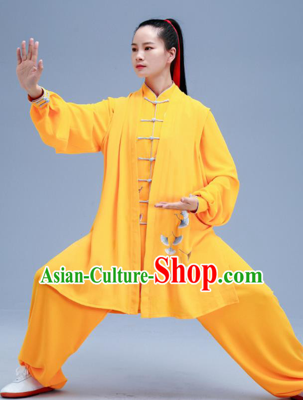 Chinese Traditional Kung Fu Embroidered Ginkgo Leaf Yellow Outfits Martial Arts Competition Costumes for Women