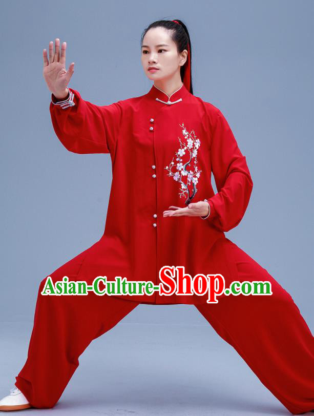 Chinese Traditional Kung Fu Embroidered Plum Blossom Red Outfits Martial Arts Competition Costumes for Women