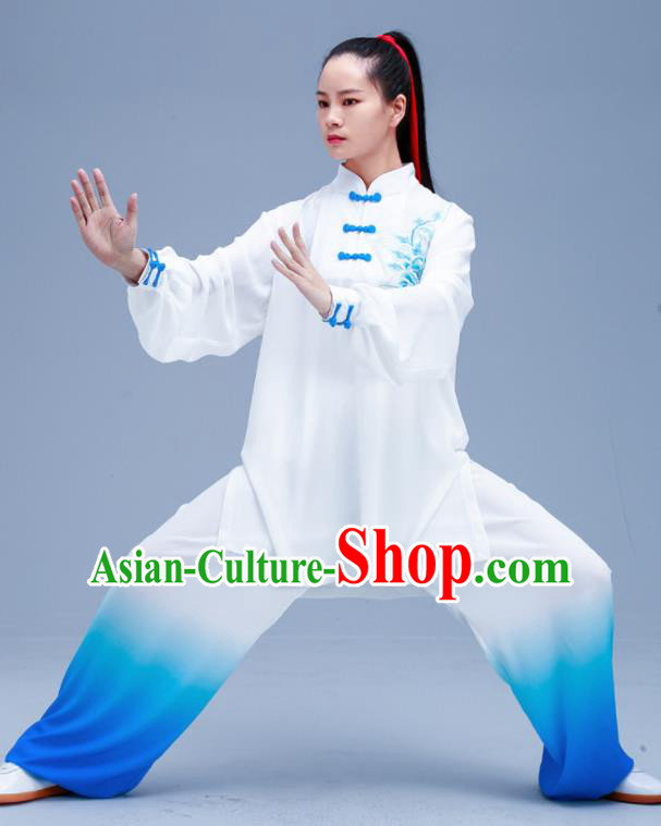 Chinese Traditional Kung Fu Gradient Blue Outfits Martial Arts Competition Costumes for Women