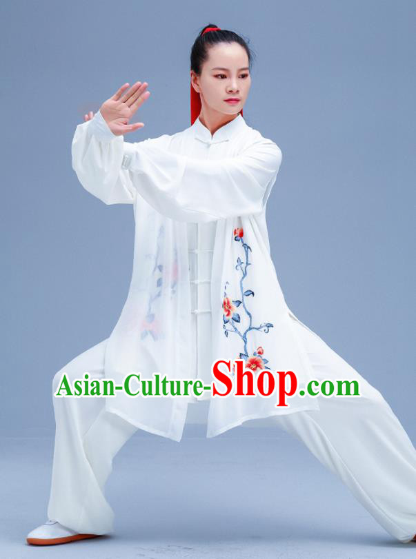 Chinese Traditional Kung Fu Embroidered Peony White Outfits Martial Arts Competition Costumes for Women