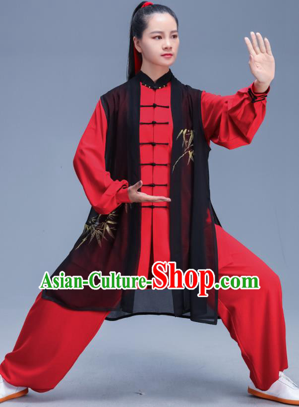 Chinese Traditional Kung Fu Printing Bamboo Red Outfits Martial Arts Competition Costumes for Women