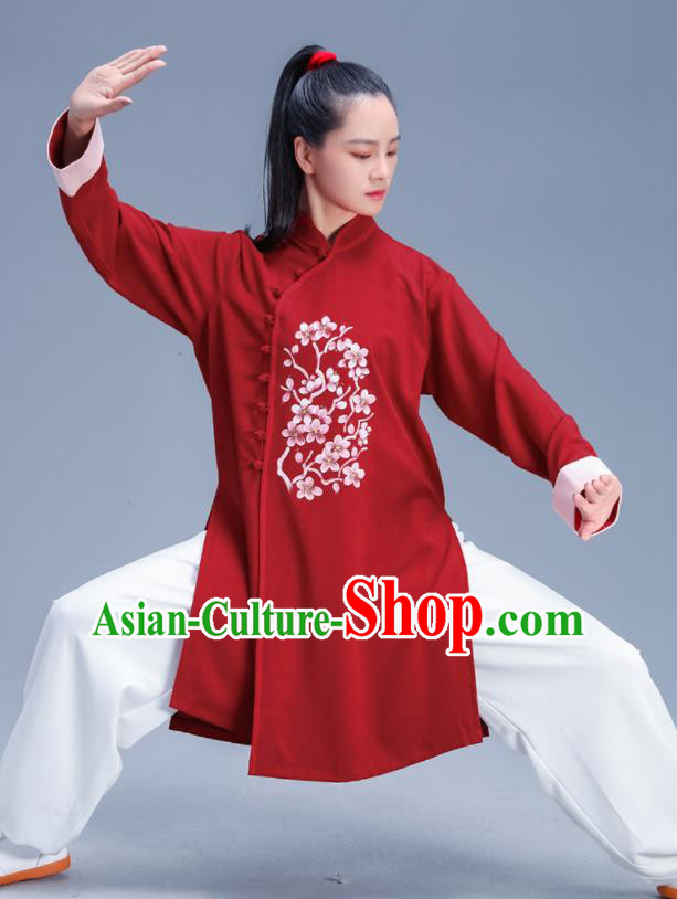Chinese Traditional Kung Fu Stage Show Printing Plum Red Outfits Martial Arts Competition Costumes for Women