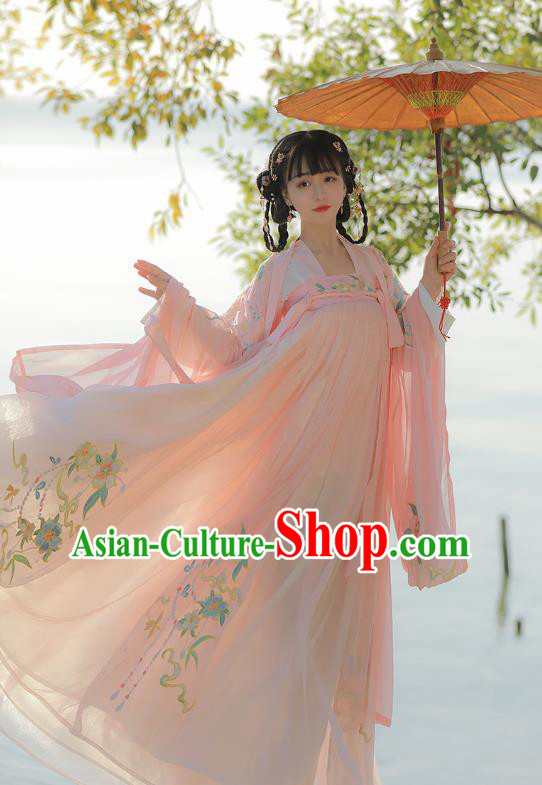 Traditional Chinese Song Dynasty Patrician Lady Pink Hanfu Dress Ancient Royal Princess Embroidered Costumes for Women