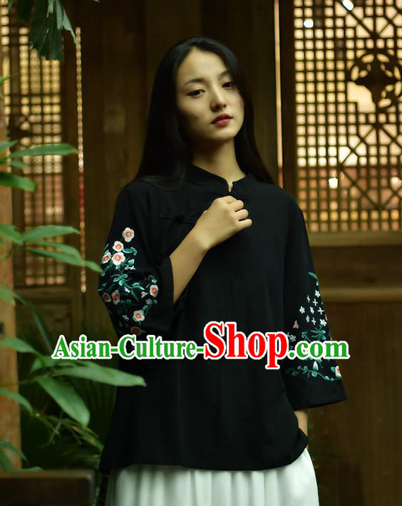 Chinese Tai Chi Embroidered Black Flax Blouse Traditional Tang Suit Costume for Women