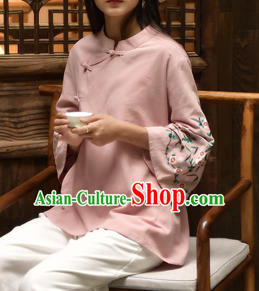 Chinese Tai Chi Embroidered Pink Flax Blouse Traditional Tang Suit Costume for Women