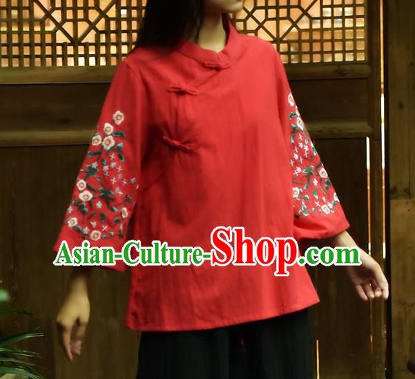 Chinese Tai Chi Embroidered Red Flax Blouse Traditional Tang Suit Costume for Women