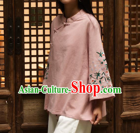 Chinese Tai Chi Embroidered Pink Flax Blouse Traditional Tang Suit Costume for Women