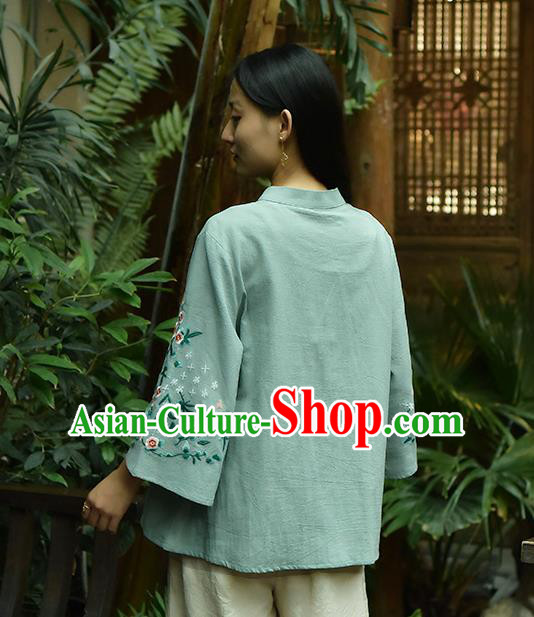 Chinese Tai Chi Embroidered Green Flax Blouse Traditional Tang Suit Costume for Women