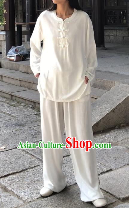 Chinese Martial Arts White Flax Garment Outfits Traditional Tai Chi Kung Fu Costumes for Adult
