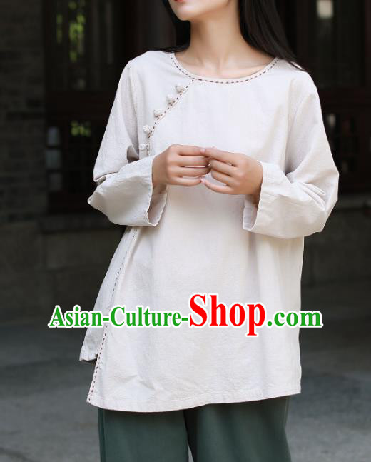 Chinese Tai Chi White Flax Slant Opening Blouse Traditional Tang Suit Costume for Women