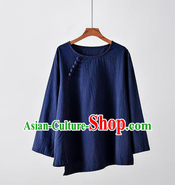 Chinese Tai Chi Navy Flax Slant Opening Blouse Traditional Tang Suit Costume for Women