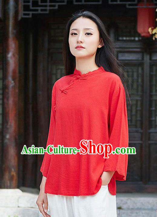 Chinese Tang Suit Red Flax Slant Opening Blouse Traditional Tai Chi Costume for Women