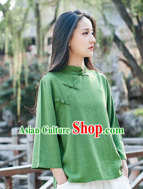 Chinese Tang Suit Green Flax Slant Opening Blouse Traditional Tai Chi Costume for Women