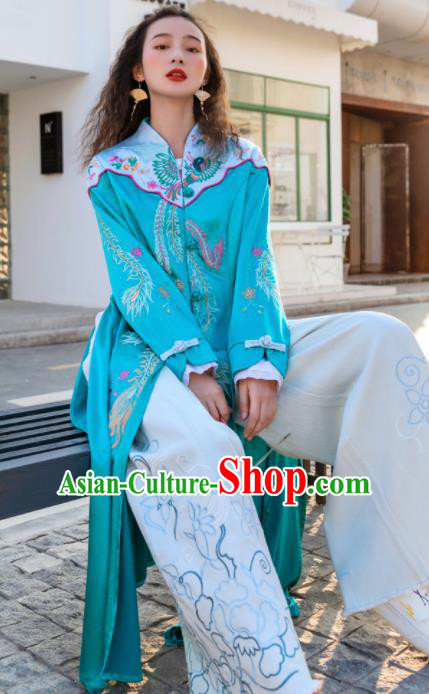 Chinese Traditional Embroidered Green Dust Coat National Overcoat Costumes for Women