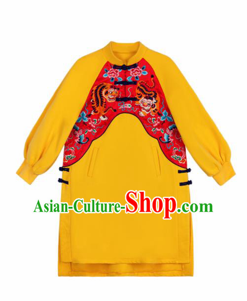 Chinese Traditional Embroidered Tiger Yellow Jacket National Overcoat Costumes for Women