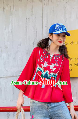 Chinese Embroidered Carps Red Shirt Upper Outer Garment Traditional Tang Suit Costume for Women
