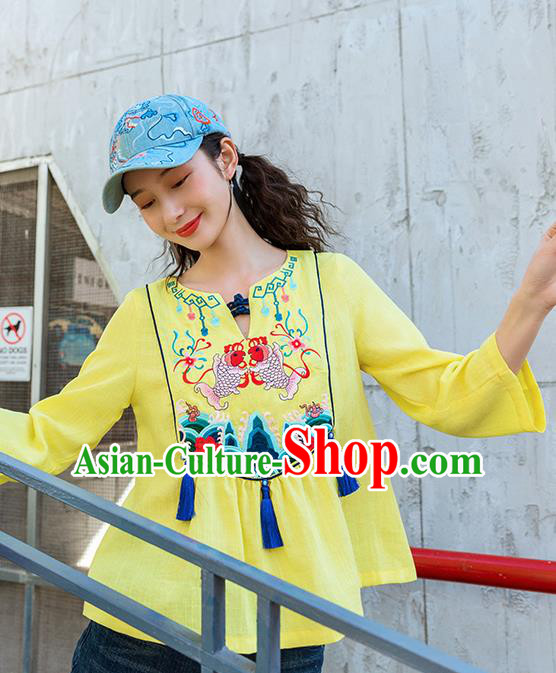 Chinese Embroidered Carps Yellow Shirt Upper Outer Garment Traditional Tang Suit Costume for Women