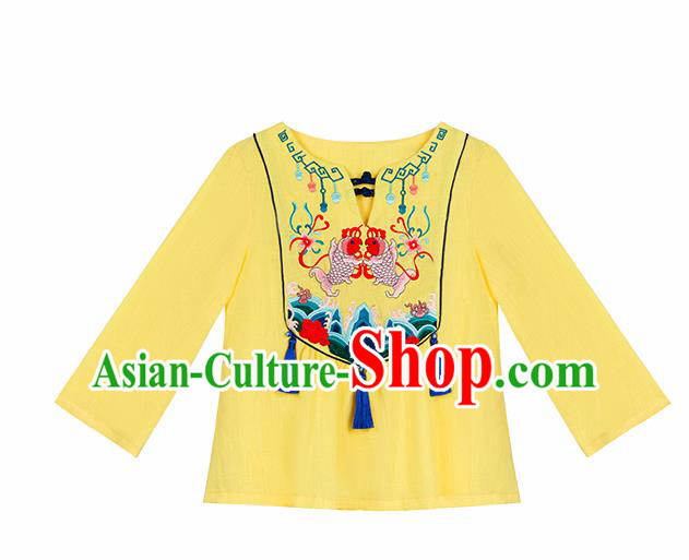 Chinese Embroidered Carps Yellow Shirt Upper Outer Garment Traditional Tang Suit Costume for Women
