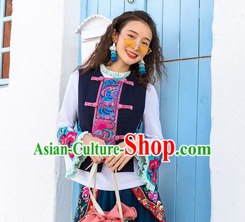Chinese Embroidered Navy Vest Upper Outer Garment Traditional Tang Suit Waistcoat Costume for Women