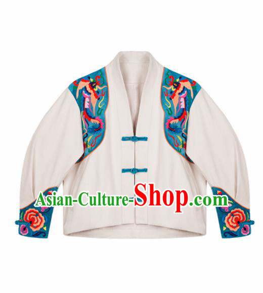 Chinese Traditional Embroidered Peony Beige Jacket National Overcoat Costumes for Women