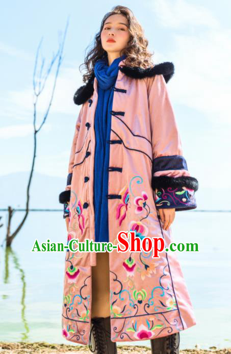 Chinese Traditional Embroidered Pink Cotton Padded Coat National Overcoat Costumes for Women