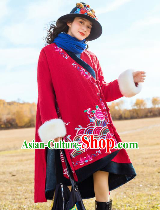 Chinese Traditional Embroidered Peony Red Cotton Padded Coat National Overcoat Costumes for Women