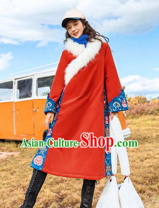 Chinese Traditional Embroidered Red Woolen Dust Coat National Overcoat Costumes for Women