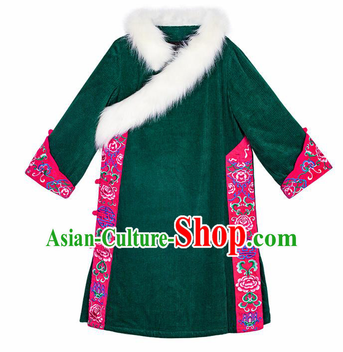 Chinese Traditional Embroidered Green Woolen Dust Coat National Overcoat Costumes for Women