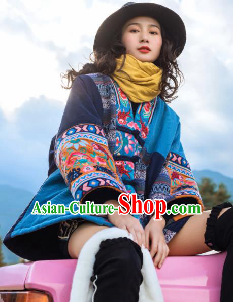 Chinese Traditional Embroidered Blue Cotton Padded Jacket National Overcoat Costumes for Women