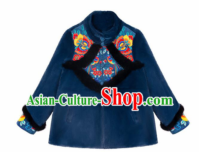 Chinese Traditional Embroidered Blue Imitation Fur Jacket National Overcoat Costumes for Women
