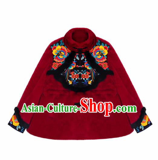 Chinese Traditional Embroidered Red Imitation Fur Jacket National Overcoat Costumes for Women