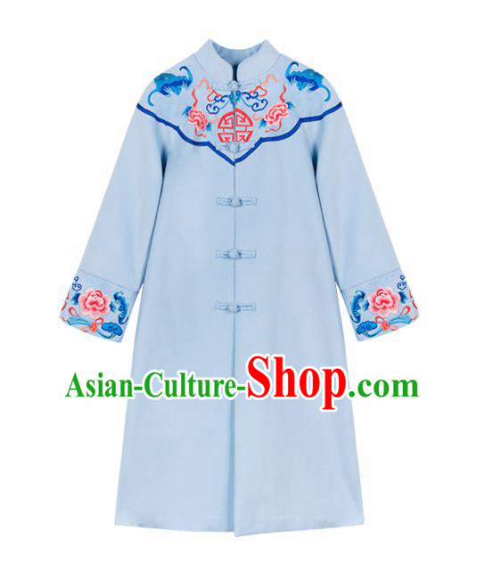 Chinese Traditional Embroidered Peony Blue Woolen Dust Coat National Overcoat Costumes for Women
