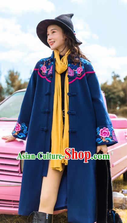 Chinese Traditional Embroidered Peony Navy Woolen Dust Coat National Overcoat Costumes for Women