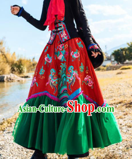 Chinese Traditional Embroidered Red Skirt National Bust Skirt Costumes for Women