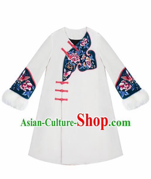 Chinese Traditional Embroidered Peony White Woolen Dust Coat National Overcoat Costumes for Women