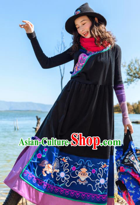 Chinese Traditional Embroidered Black Vest Dress National Cheongsam Costumes for Women