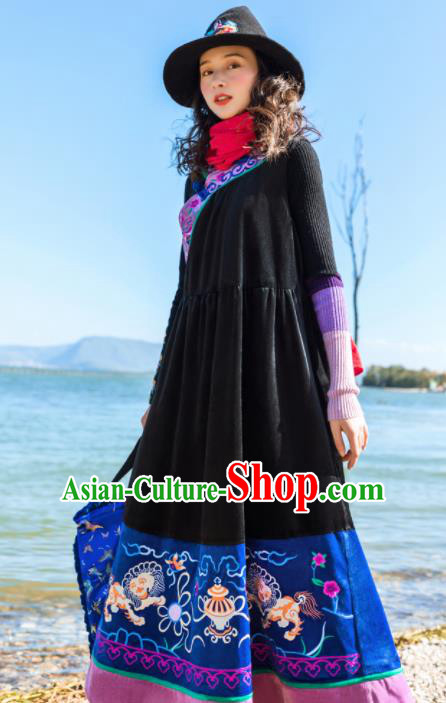 Chinese Traditional Embroidered Black Vest Dress National Cheongsam Costumes for Women