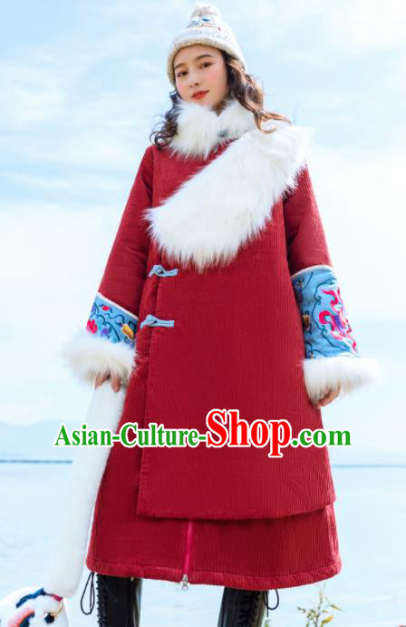 Chinese Traditional Embroidered Red Corduroy Dust Coat National Overcoat Costumes for Women