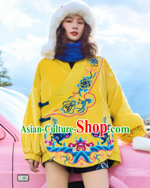 Chinese Traditional Embroidered Yellow Cotton Padded Jacket National Overcoat Costumes for Women