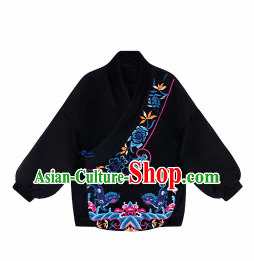 Chinese Traditional Embroidered Black Cotton Padded Jacket National Overcoat Costumes for Women