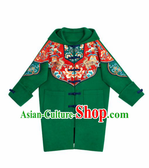 Chinese Traditional Embroidered Green Woolen Jacket National Overcoat Costumes for Women